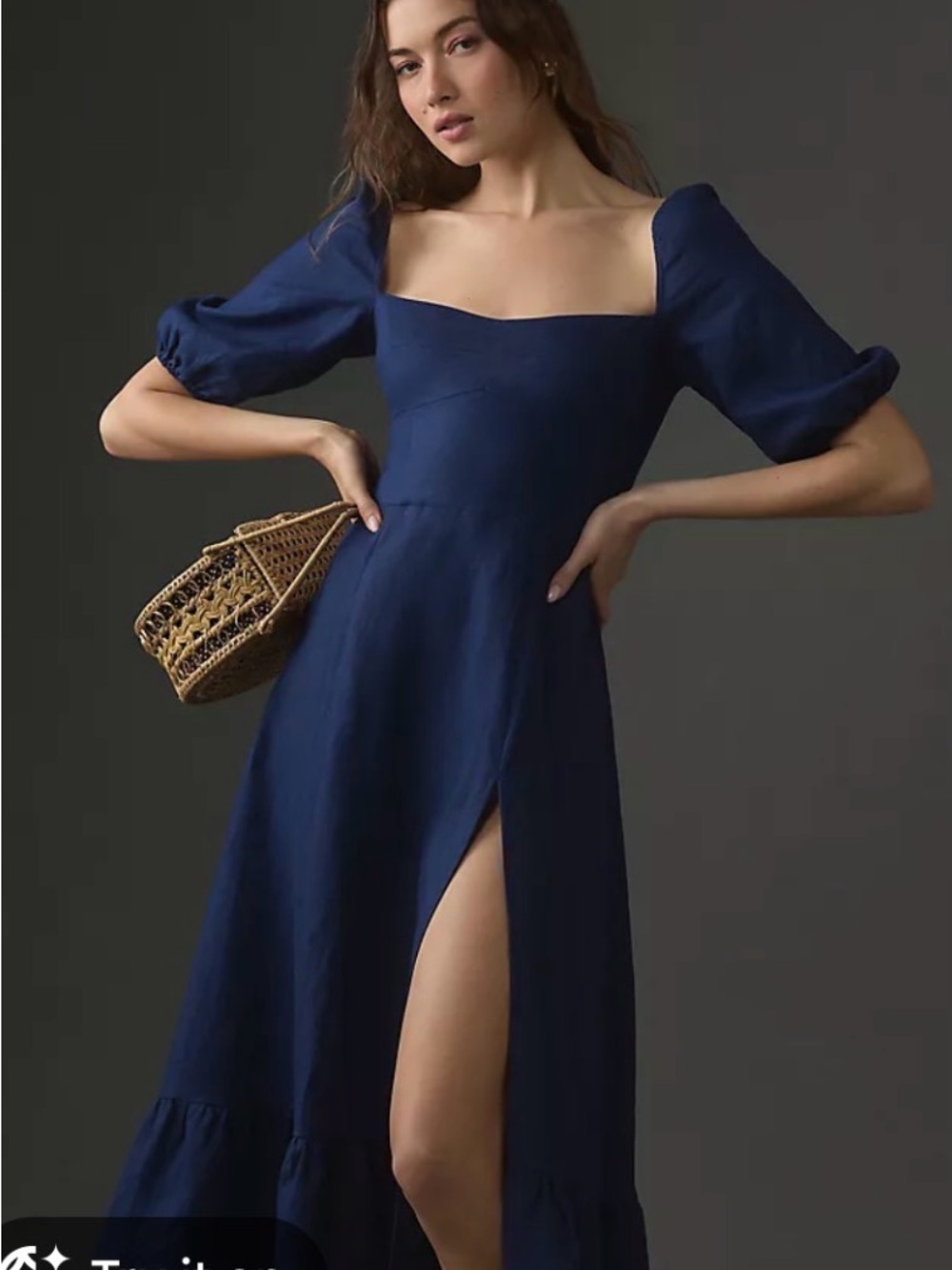 Reformation Navy Square Neck Midi Dress with Puff Sleeves